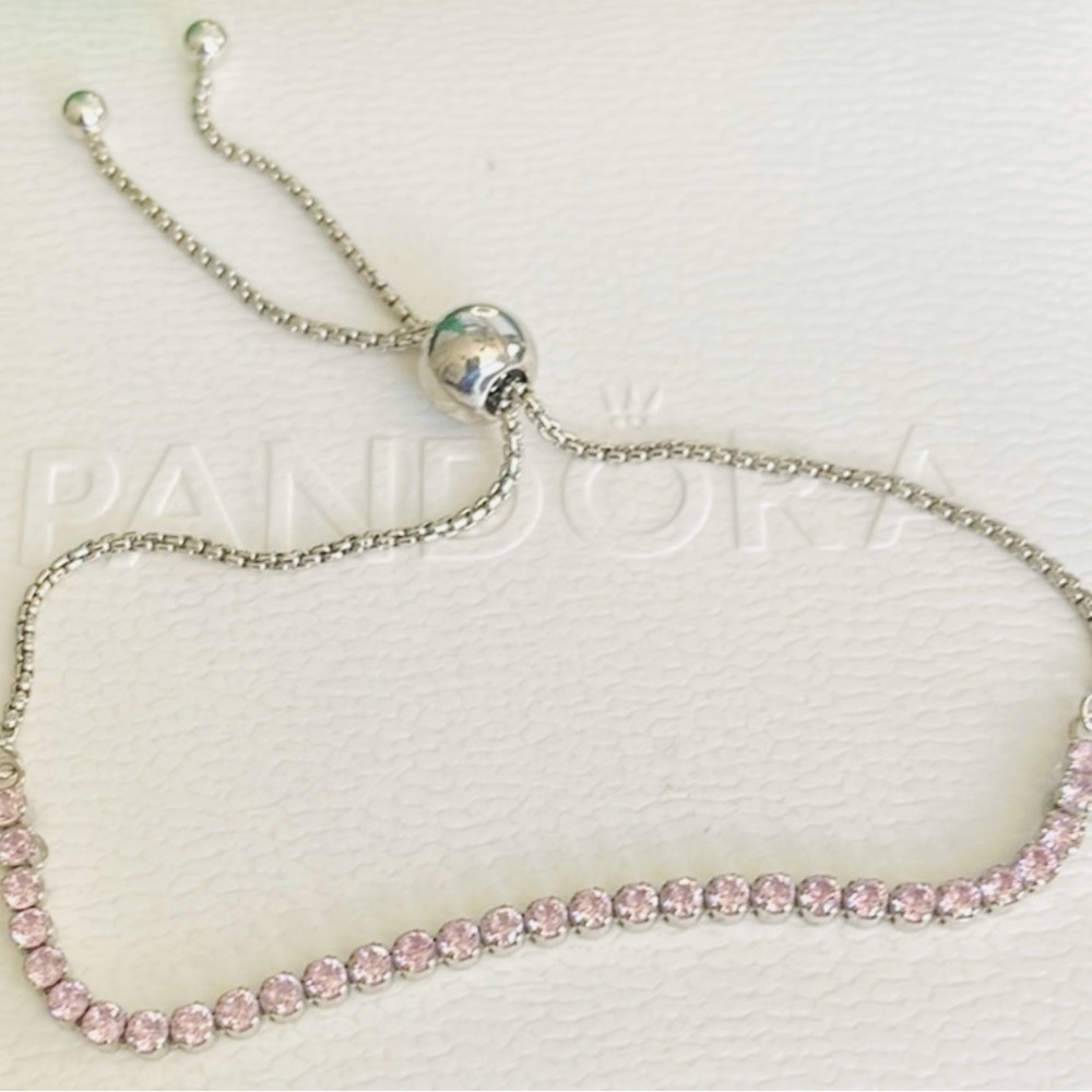 Pandora Silver Bracelet with Pink Stones and toggle clasp adjustment